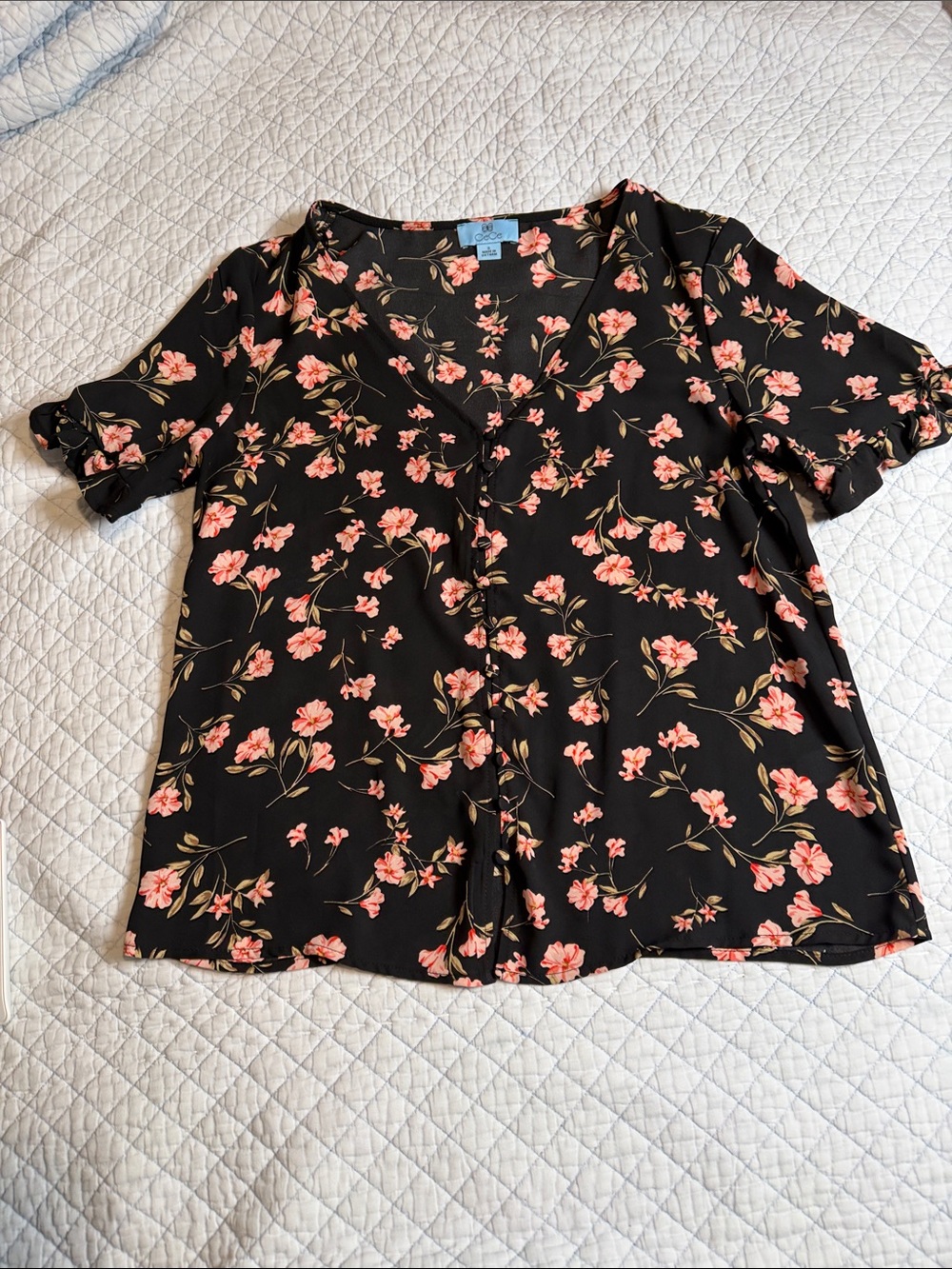 CeCe Black Floral Button-Front Blouse with Pink Blossoms